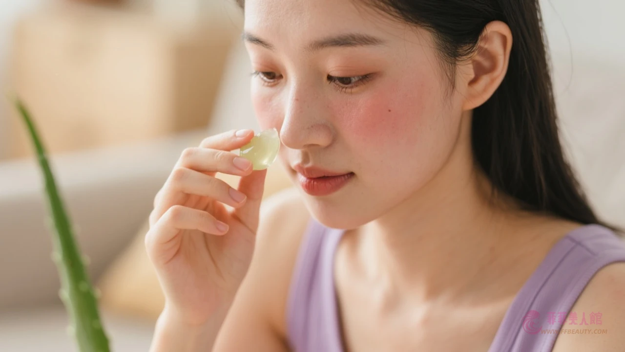 女性手指沾取蘆薈膠塗抹臉頰示範