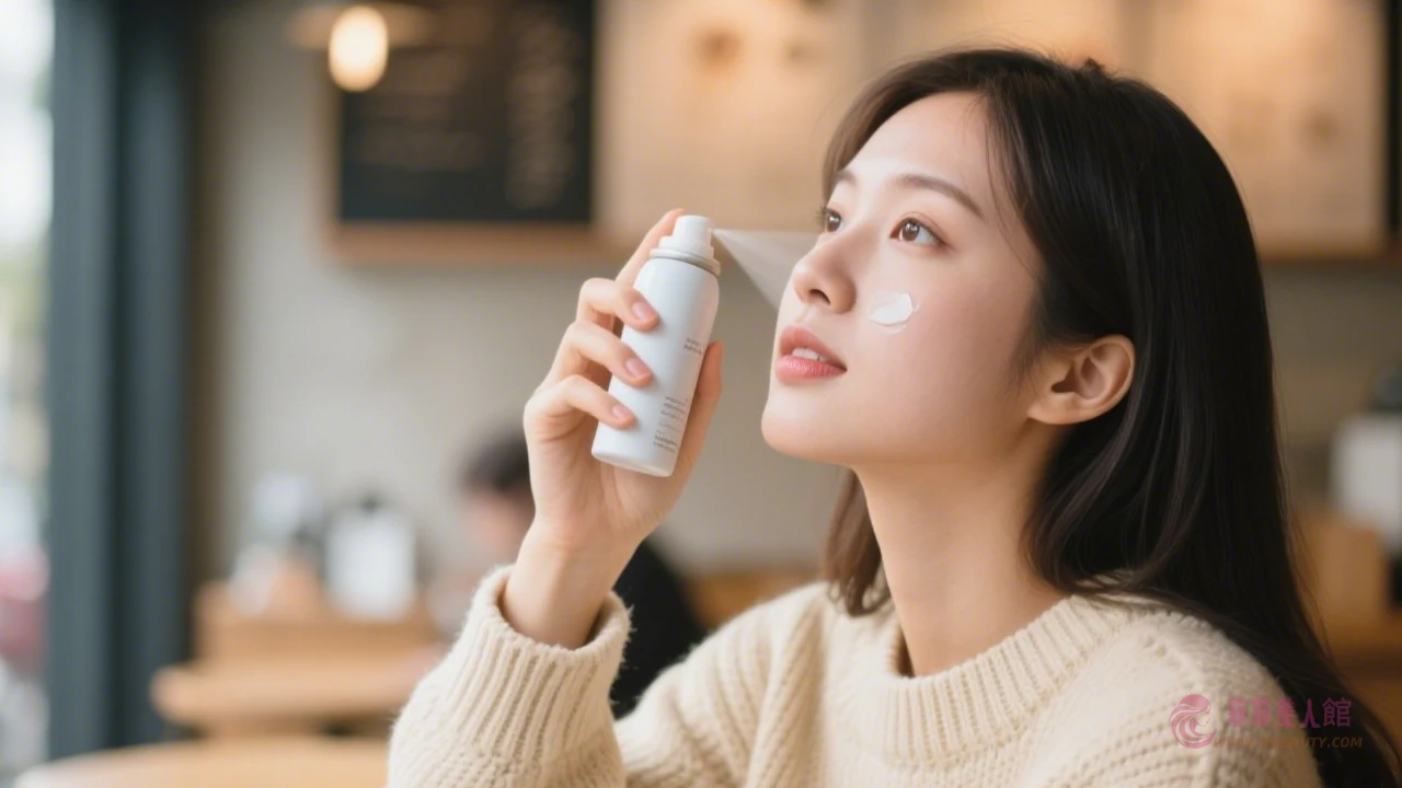 女孩正確使用保濕噴霧示意