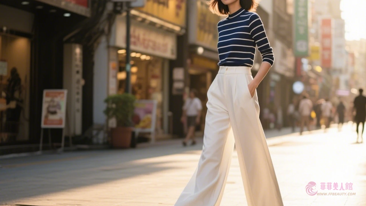 闊腿白褲街拍示範