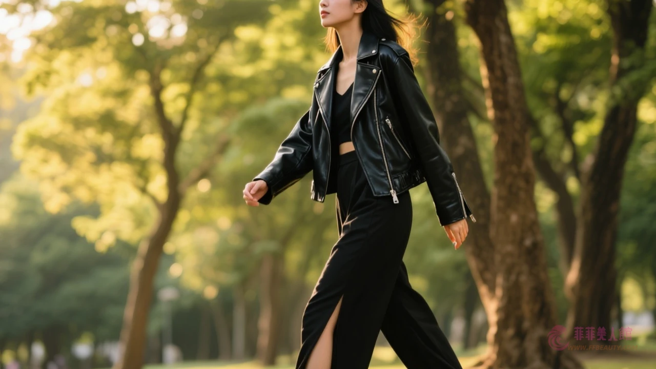 皮衣搭配開衩長褲