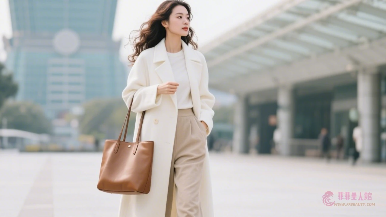 微捲長髮女性白色大衣配西裝褲