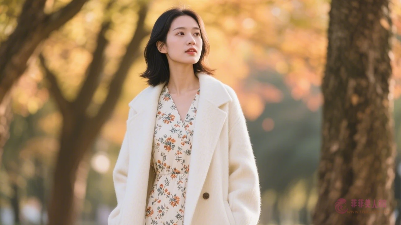 白色大衣內搭碎花連衣裙