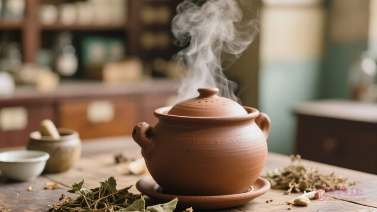 擺放在木紋桌上的古法煎藥壺