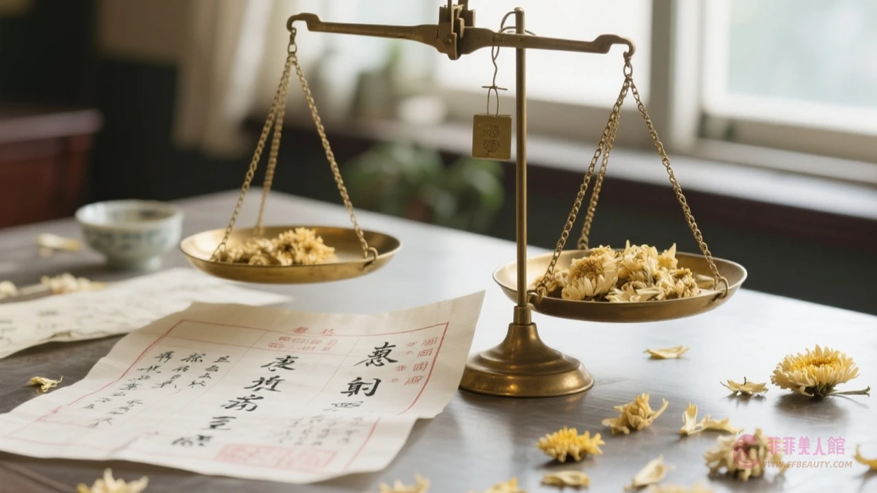 手寫藥方搭配傳統量秤的美學構圖