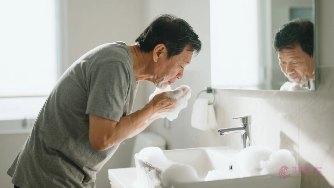 中年男性洗臉示範