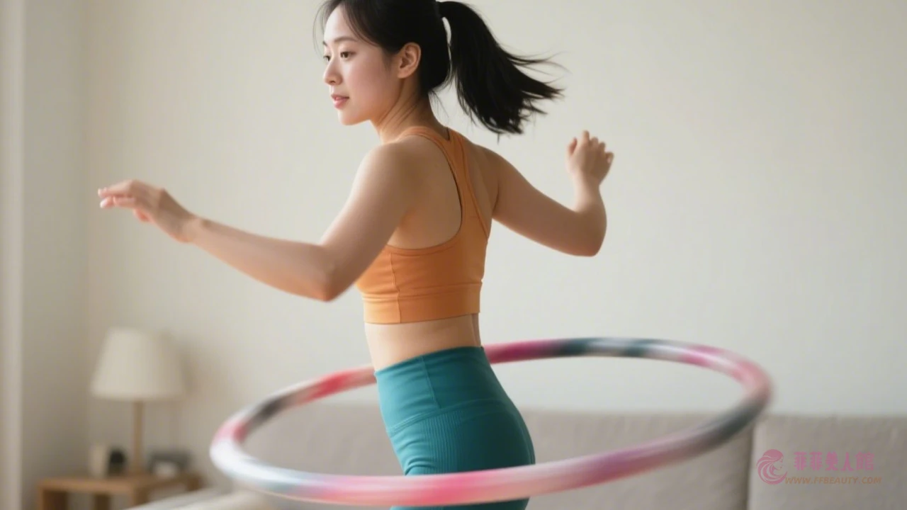 居家健身女孩轉動粉色呼拉圈