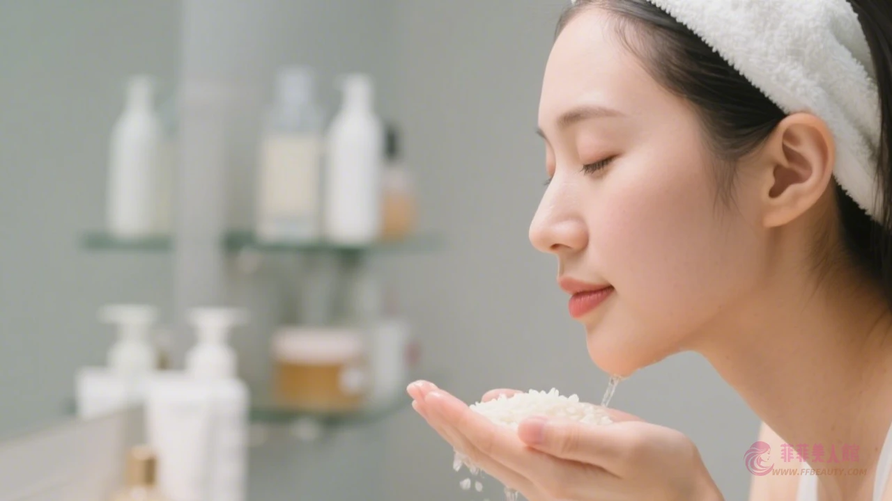 女性用洗米水洗臉示範