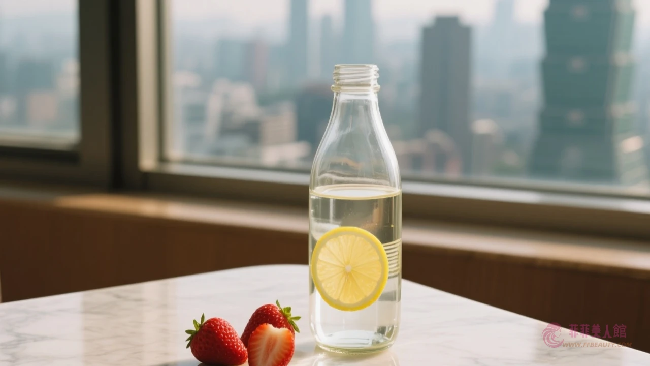 透明水杯旁放置新鮮水果的桌面攝影