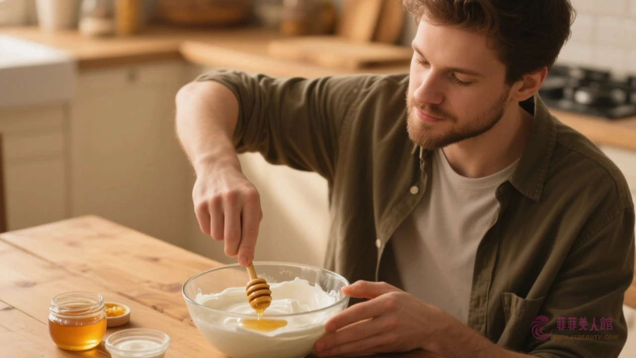 男士在廚房製作天然面膜